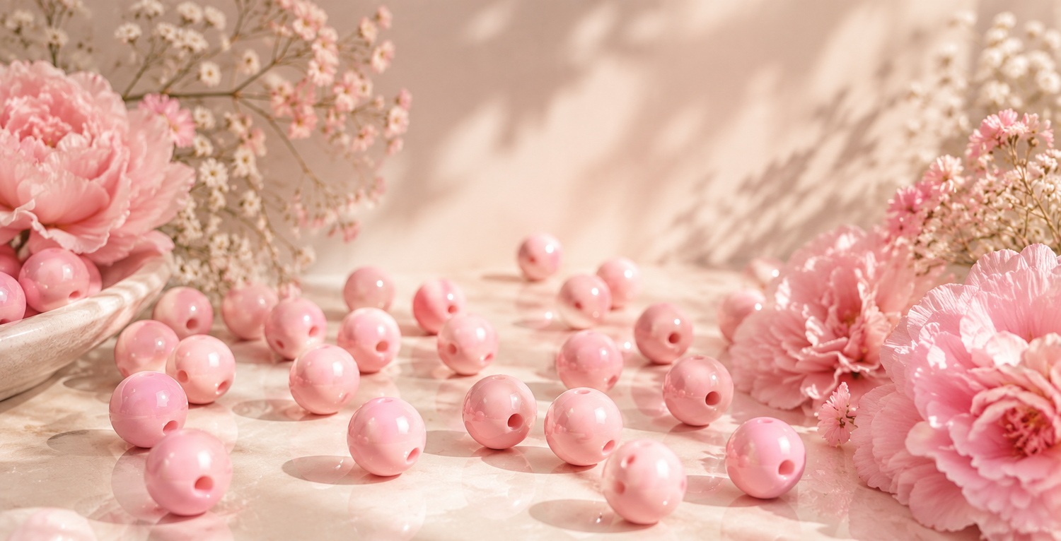 Pink beads and flowers on a soft pink background