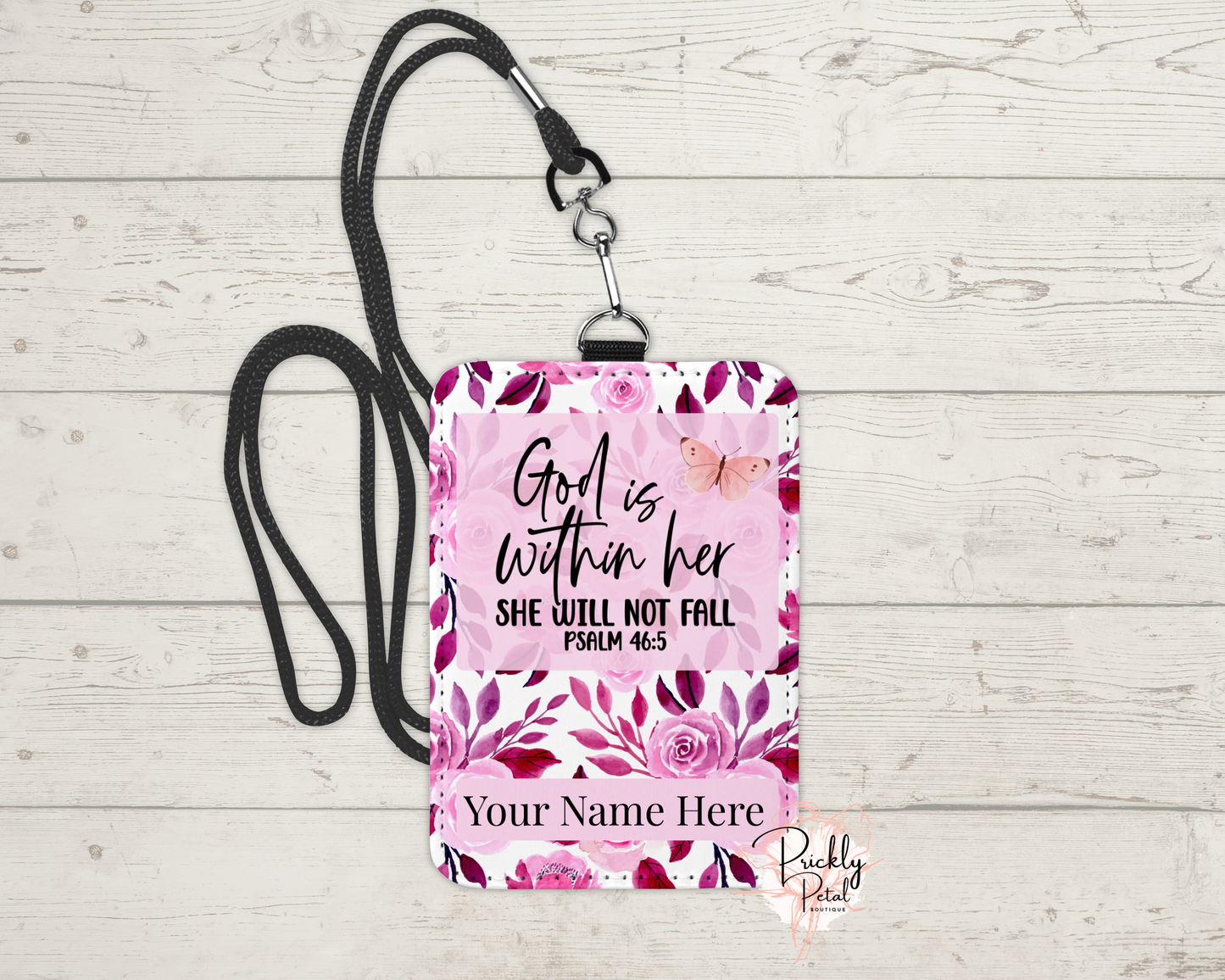 pink and white badge on wood background