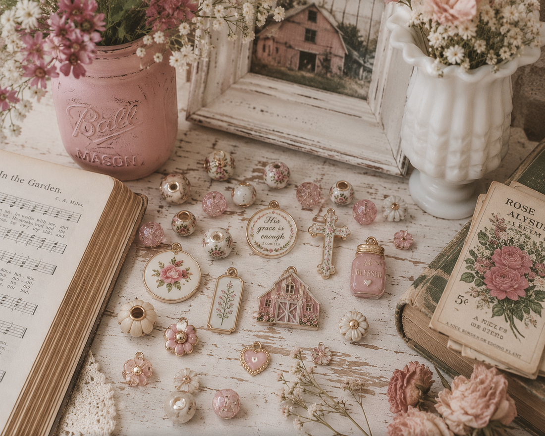 focal charms against wood background
