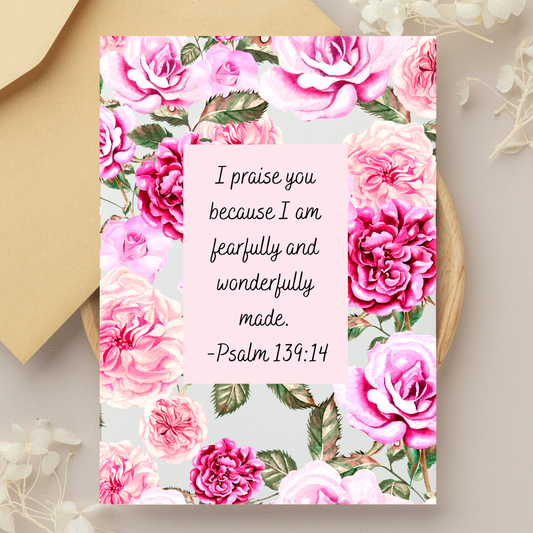 Floral card with pink roses and a Bible verse on a light background