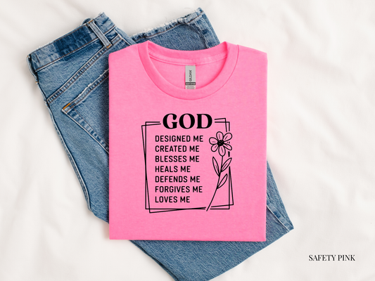 Pink t-shirt with motivational quote on jeans