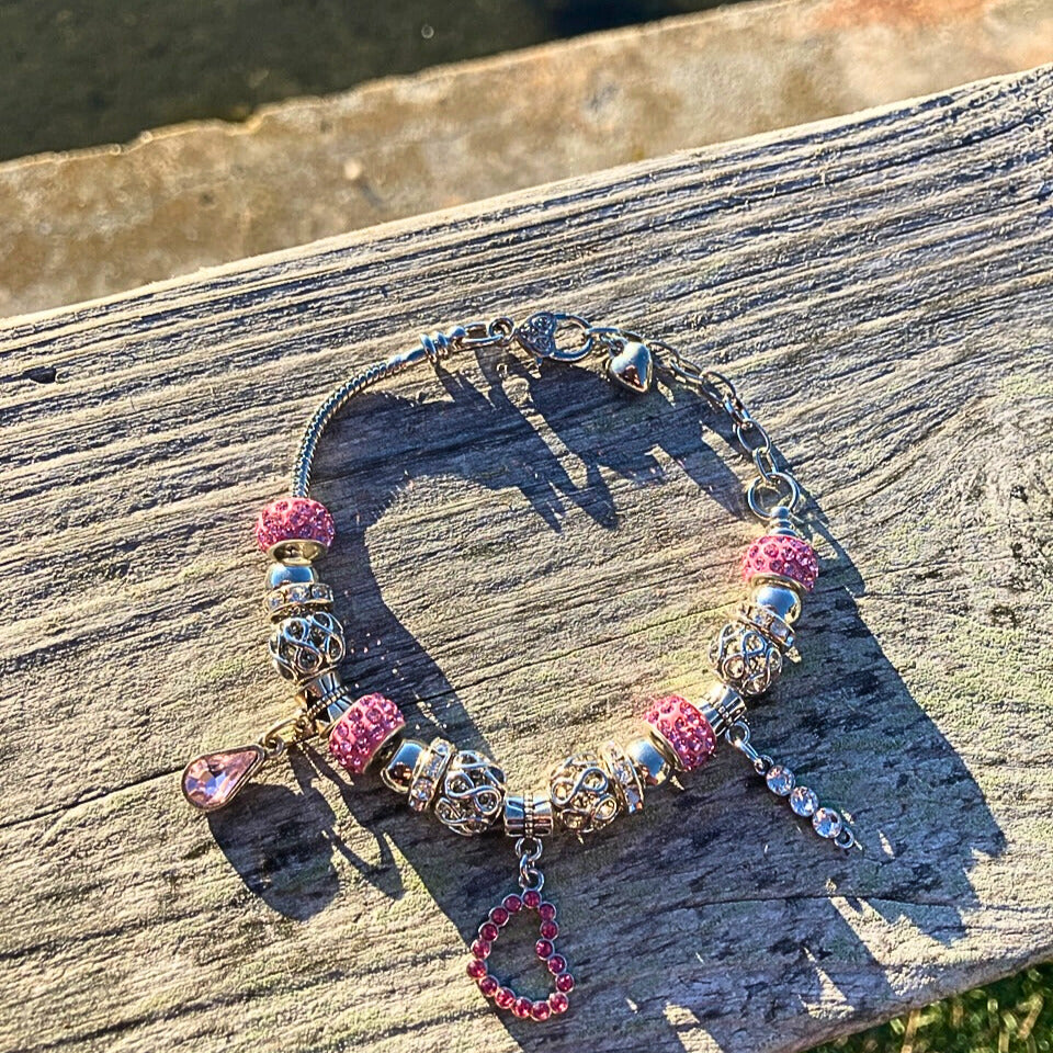 Pink Rhinestone Heart Charm Bracelet