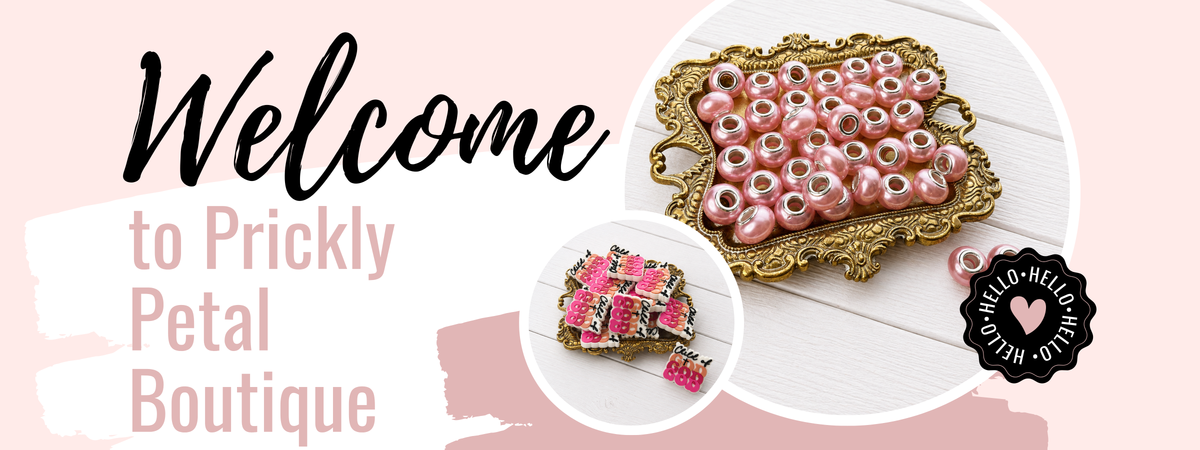 Welcome banner for Prickly Petal Boutique featuring pink beads, a pink and green beaded jewelry pouch, and a black Hello Kitty sticker on a light pink background.