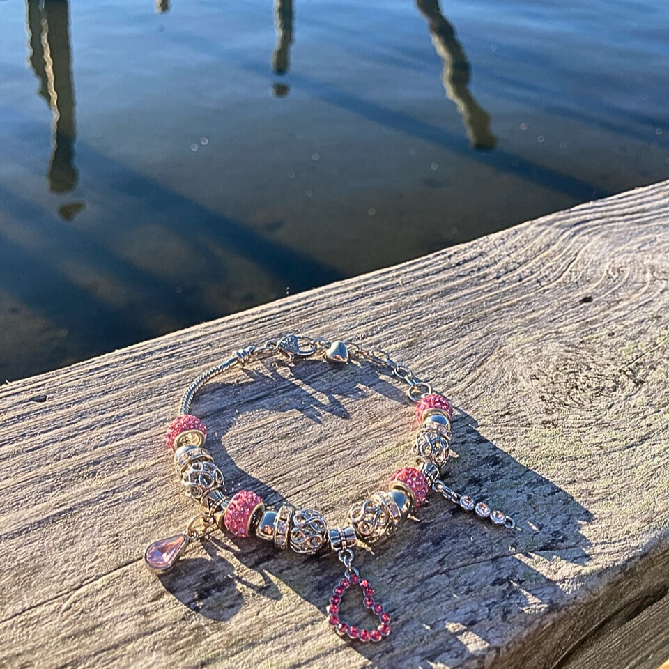 Pink Rhinestone Heart Charm Bracelet