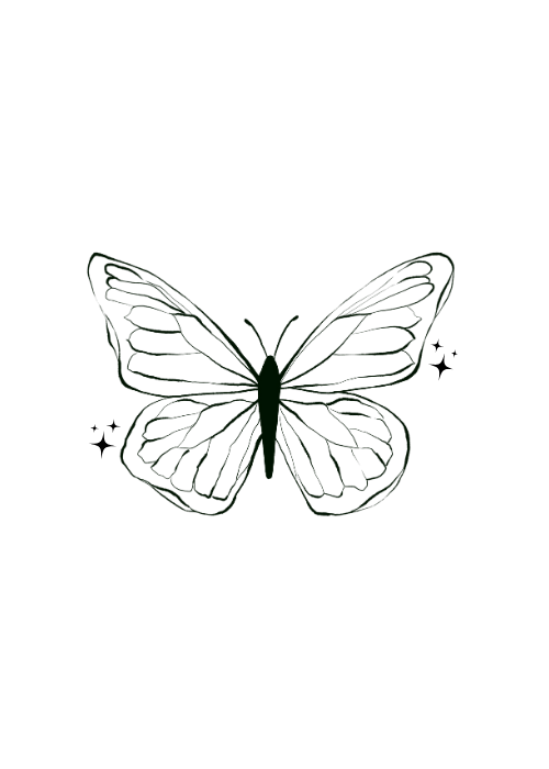 Black line drawing of a butterfly on a white background