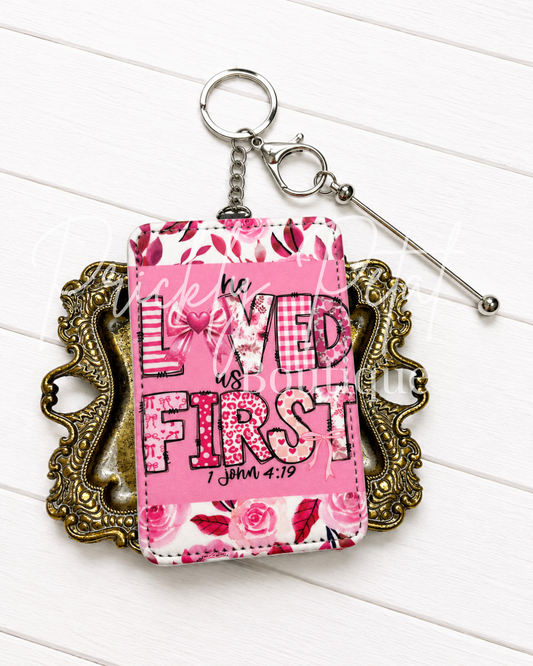 He loved us first ID holder on gold tray with beadable bar