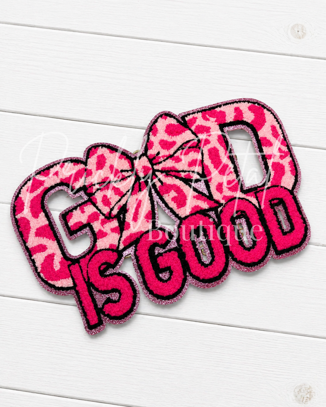 God Is Good Pink Leopard Bow Chenille Embroidered Patch – Christian Faith Patch