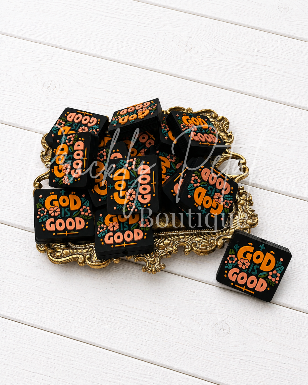 God is Good Silicone focal bead on gold tray