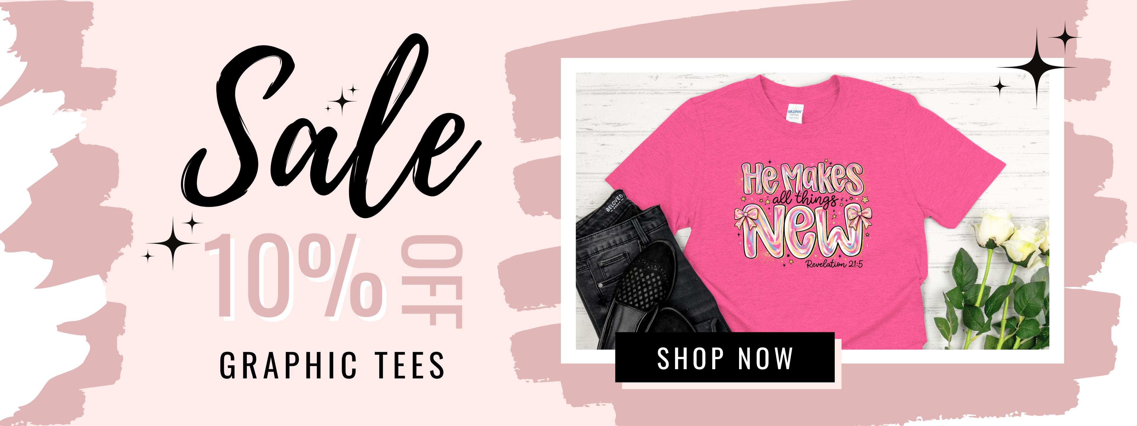 sale graphic tee banner on pink backgrund
