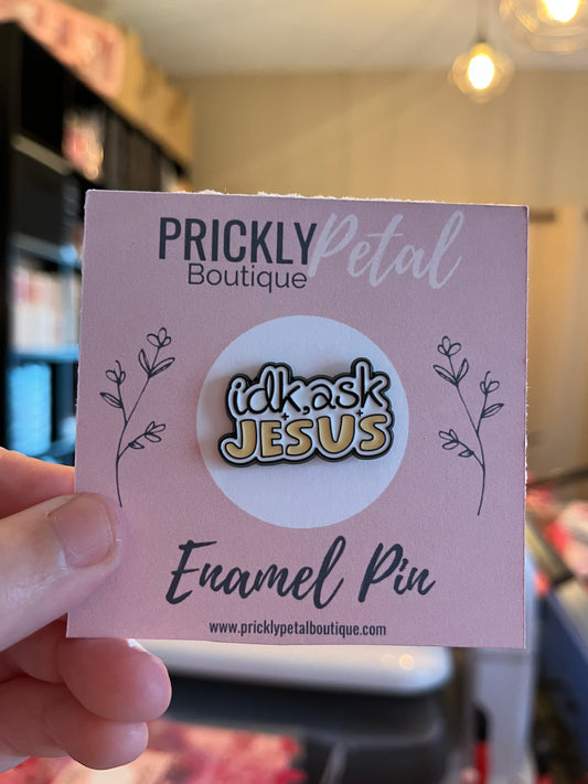 ask Jesus lapel pin on pink background card