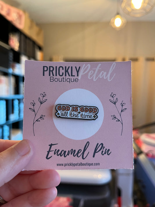 God is good enamel pin on pink card