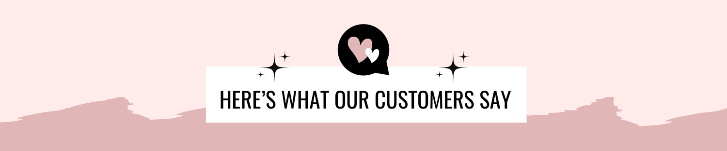A promotional banner with a light pink background, featuring a central white text box that reads 'HERE'S WHAT OUR CUSTOMERS SAY' in black uppercase letters. Above the text is a black speech-bubble icon with a pink heart, flanked by small black airplane silhouettes.