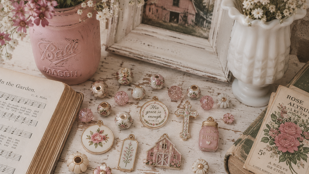 Vintage-style setting with decorative items, flowers, and a barn picture on a wooden surface.