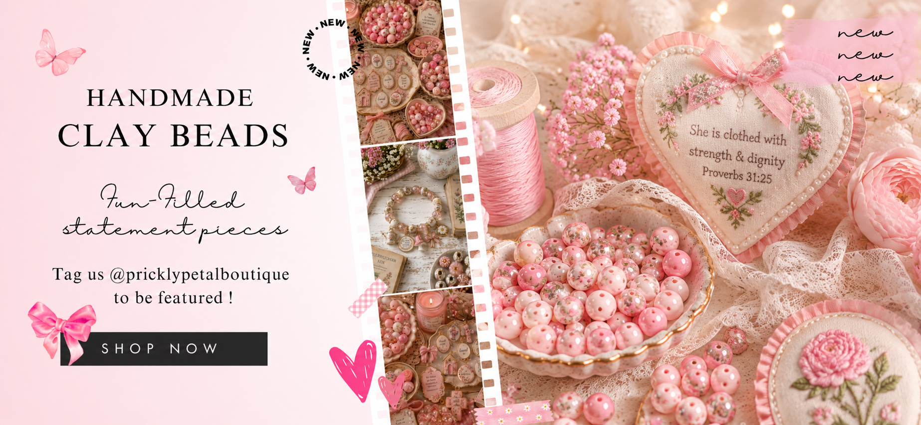 Handmade clay beads with decorative elements and promotional text on a white background.