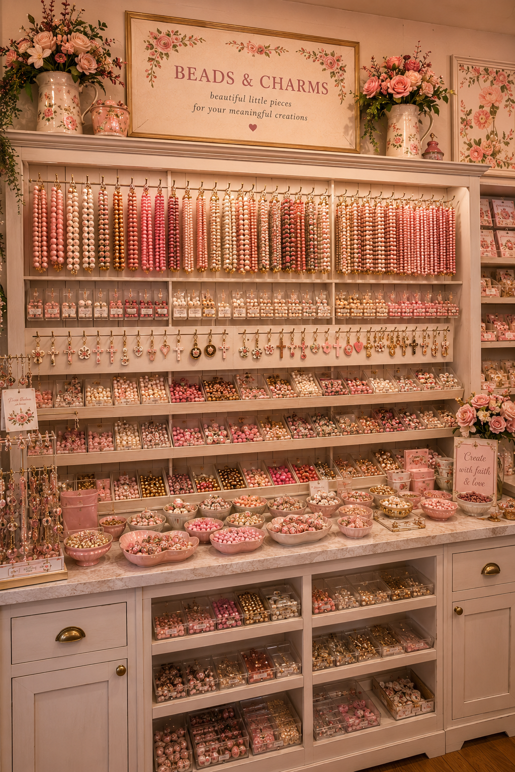 A beautifully styled jewelry display cabinet filled with pink and rose-gold beaded necklaces, bracelets, earrings, and charms, with a sign reading 'BEADS & CHARMS' above. The white cabinet is decorated with pink floral arrangements and framed prints.