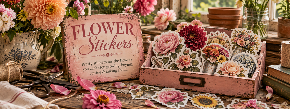 A styled tabletop display of decorative flower stickers arranged in a pink vintage box, with a sign reading “Flower Stickers,” surrounded by artificial flowers, petals, scissors, twine, and books in a rustic indoor setting.