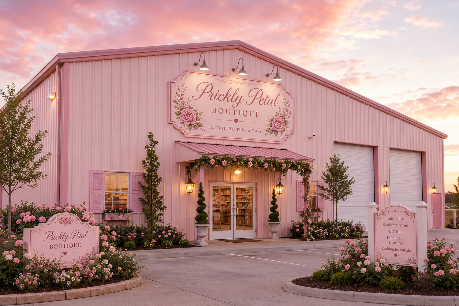 Pink boutique building exterior with large signage reading 'Prickly Prial Boutique,' white garage doors, flower beds, landscaping, and a pink sunset sky.