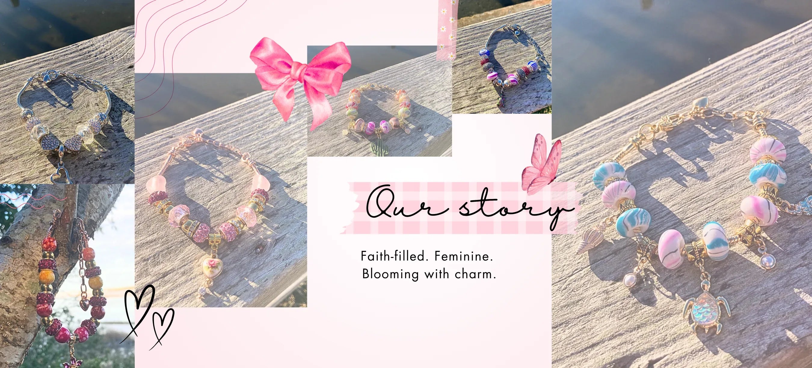 Collage of colorful beaded bracelets with a pink bow and text 'Our story' on a wooden surface.