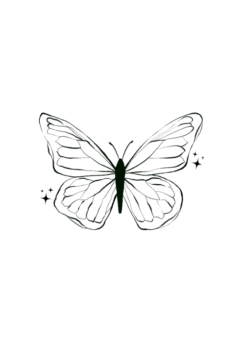 Black line drawing of a butterfly on a white background