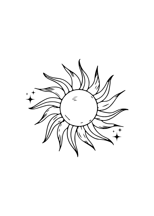 Black line drawing of a sun with rays on a white background