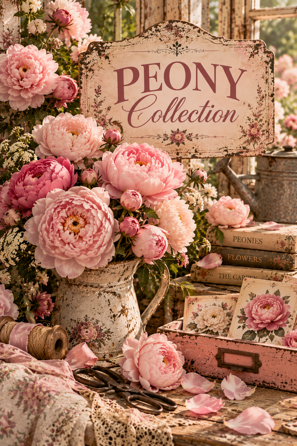 A styled floral arrangement featuring large pink peony blooms in a distressed white pitcher, with a rustic sign reading 'PEONY Collection,' vintage books, a pink floral box, twine, and scattered petals on a wooden surface.